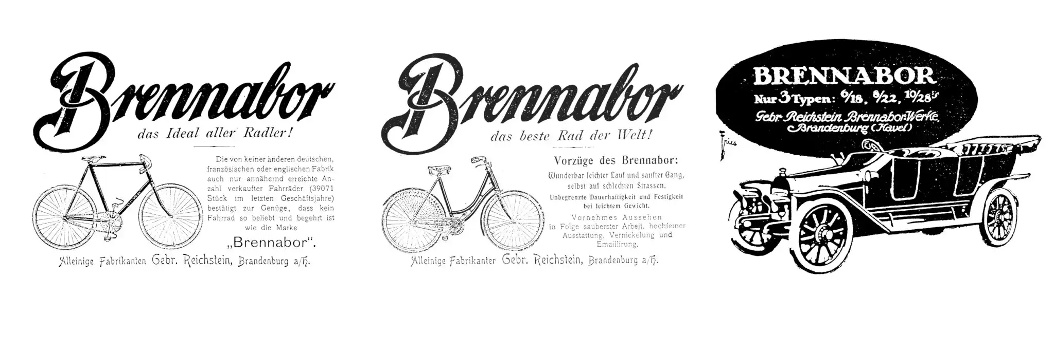 Brennabor-Fahrradwerke Brandenburg, um 1900; Brennabor-Auto, 1913