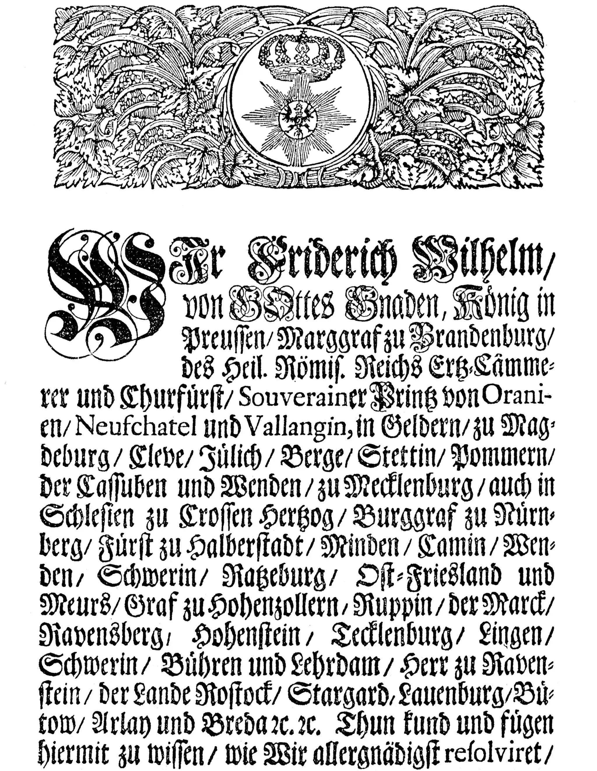 Titelzeilen des königlichen Edikts zum Bau der Stadt Friedrichsstadt Berlin, 1732